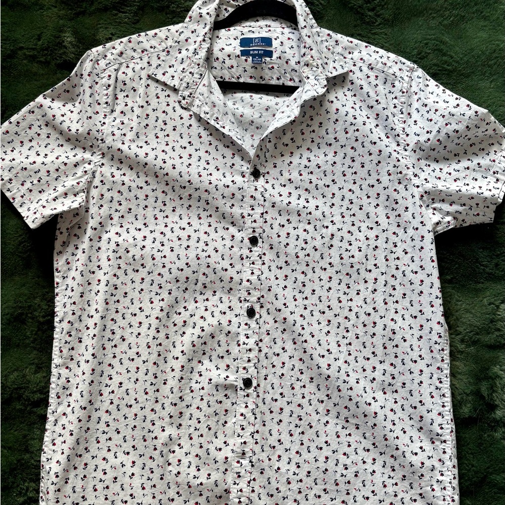 George Slim Fit Button Down Shirt White Floral Pattern Men’s Medium